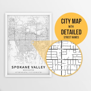 Afdrukbare kaart van Spokane Valley, Washington, VS met straatnamen - Instant Download \ Stadsplattegrond \ Reiscadeau \ Stadsposter \ Routekaart