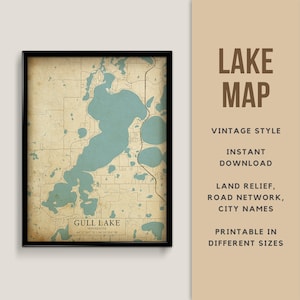 Druckbare Vintage Stil Karte von Gull Lake, Minnesota, USA mit Städtenamen - Sofort Download \ Old Style \ Printable Map \ Lake Poster