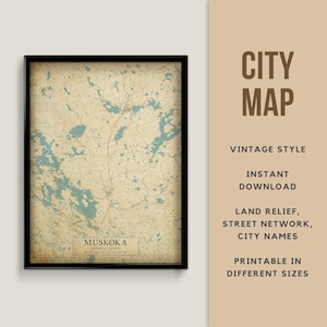 Printable Vintage Style Map of Muskoka, Ontario, Canada - Instant Download \ Street Map \ Wall Art \ Map Poster \ Antique Style \ Map Print