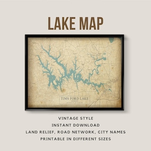 Mappa stampabile in stile vintage Tims Ford Lake, Tennessee con nomi di città - Download immediato \ Antica \ Mappa rustica \ Stampa mappa \ Lake House