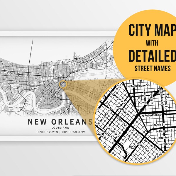 Printable Map of New Orleans, Louisiana, United States with street names - Instant Download \ City Map \ Gift Idea \ Wall Art