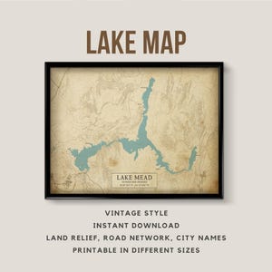 Carte de style vintage du lac Mead, Arizona-Nevada, États-Unis avec des noms de ville - téléchargement immédiat \ carte du lac \ art mural \ affiche imprimable \ art du lac