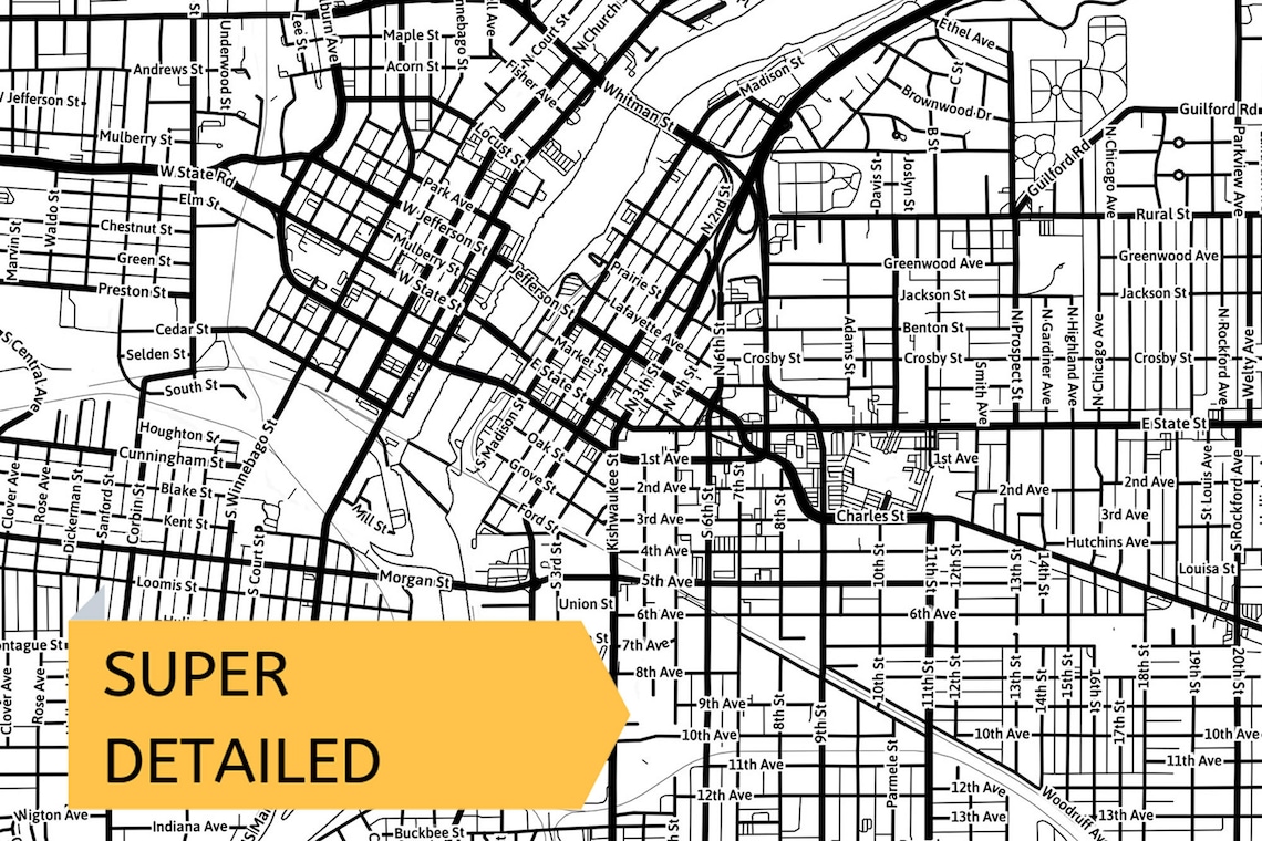 Printable Map of Rockford, Illinois, USA With Street Names - Instant ...