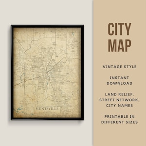 Druckbare Karte im Vintage-Stil von Huntsville, Alabama, USA - Sofortiger Download \ Stadtplan \ Kartenposter \ Antiker Stil \ Kartendruck \ Wandkunst