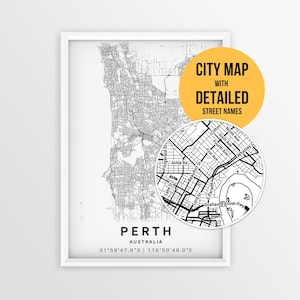 Perth Australia Map with Street Names, Printable Perth City Poster (Instant Download)