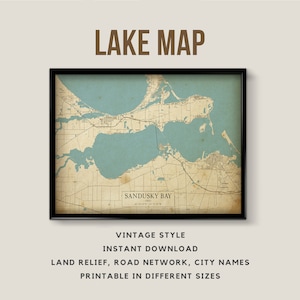 Druckbare Vintage Stil Karte von Sandusky Bay, Lake Erie, Ohio, USA mit Städtenamen - Sofort Download \ Lake Map \ Wall Art \ Lake Poster