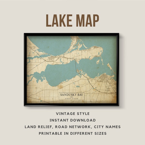 Printable Vintage Style Map of Sandusky Bay, Lake Erie, Ohio, USA with City names - Instant Download \ Lake Map \ Wall Art \ Lake Poster