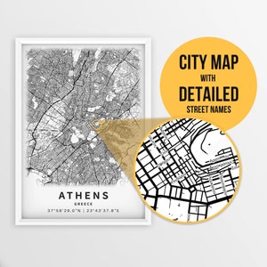 Druckbare Karte von Athen, Griechenland mit Straßennamen - Sofort Download \ City Map \ Travel Gift \ City Poster \ Road Map Print \ Wall Art