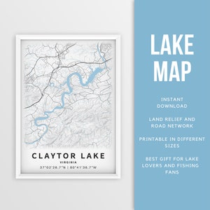 Mapa imprimible de Claytor Lake, Virginia, EE. UU. - Descarga instantánea \ Mapa del lago \ Cartel del mapa \ Decoración de la casa del lago \ LakeLife \ Pesca \ Paseos en bote
