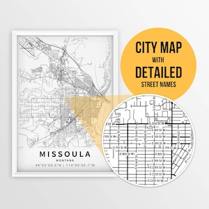 Druckbare Karte von Missoula, Montana, USA mit Straßennamen - sofortiger Download ~ Karte ~ ~ Stadt Karte ~ Strassen Karte Print