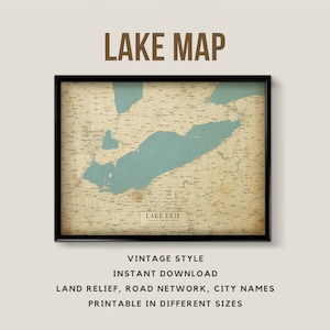 Mappa in stile vintage del Lago Erie, Canada, Stati Uniti con nomi di città - Download istantaneo \ Mappa del Lago \ Arte della parete \ Poster del Lago Erie \ Arte della parete