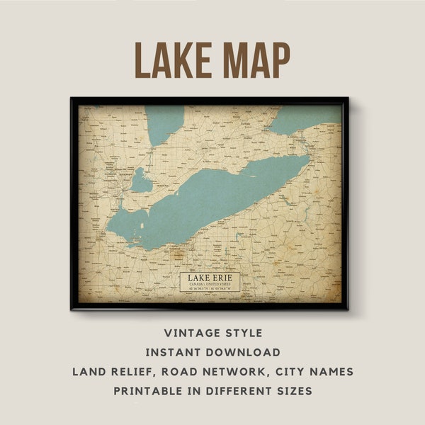 Vintage Style Map of Lake Erie, Canada, United States with City Names - Instant Download \ Lake Map \ Wall Art \ Lake Erie Poster \ Wall Art