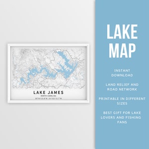 Mapa imprimible de Lake James, Carolina del Norte, EE. UU. - Descarga instantánea \ Mapa del lago \ Cartel del mapa \ Decoración de la casa del lago \ LakeLife \ Pesca \ Paseos en bote