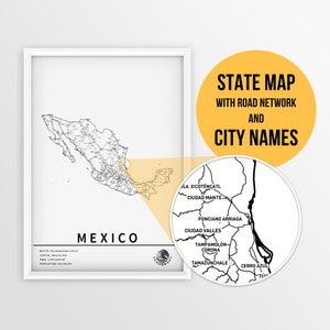 Mapa do México para impressão com nomes de cidades - Download instantâneo \ Mapa do país \ Arte de parede \ Mapa de alfinetes \ Planejador de viagens \ Presente do México \ Pôster