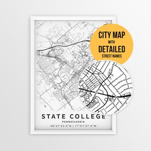 State College Pennsylvania Map with Street Names, Printable State College City Poster (Instant Download)
