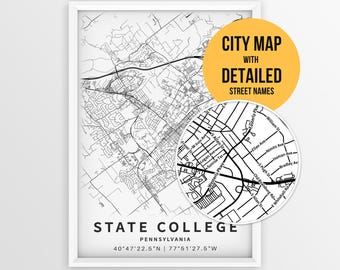 State College Pennsylvania Map with Street Names, Printable State College City Poster (Instant Download)