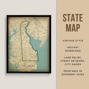Delaware Printable Vintage Style Map poster - Instant Download, Road Map, Delaware Poster, Delaware Antique Style map, Delaware Wilmington