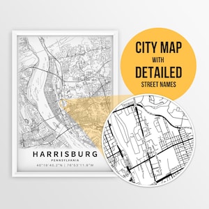 Mapa imprimible de Harrisburg, Pensilvania, EE. UU. con nombres de calles - Descarga instantánea \ Mapa de la ciudad \ Regalo de viaje \ Póster de la ciudad \ Impresión de mapa de carreteras