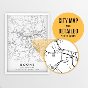 Druckbare Karte von Boone, North Carolina, USA mit Straßennamen - Sofort Download \ City Map \ Travel Gift \ City Poster \ Road Map Print