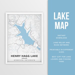 Mapa imprimible de Henry Hagg Lake, Oregón, EE. UU. - Descarga instantánea \ Mapa del lago \ Cartel del mapa \ Decoración de la casa del lago \ LakeLife \ Pesca \ Paseos en bote