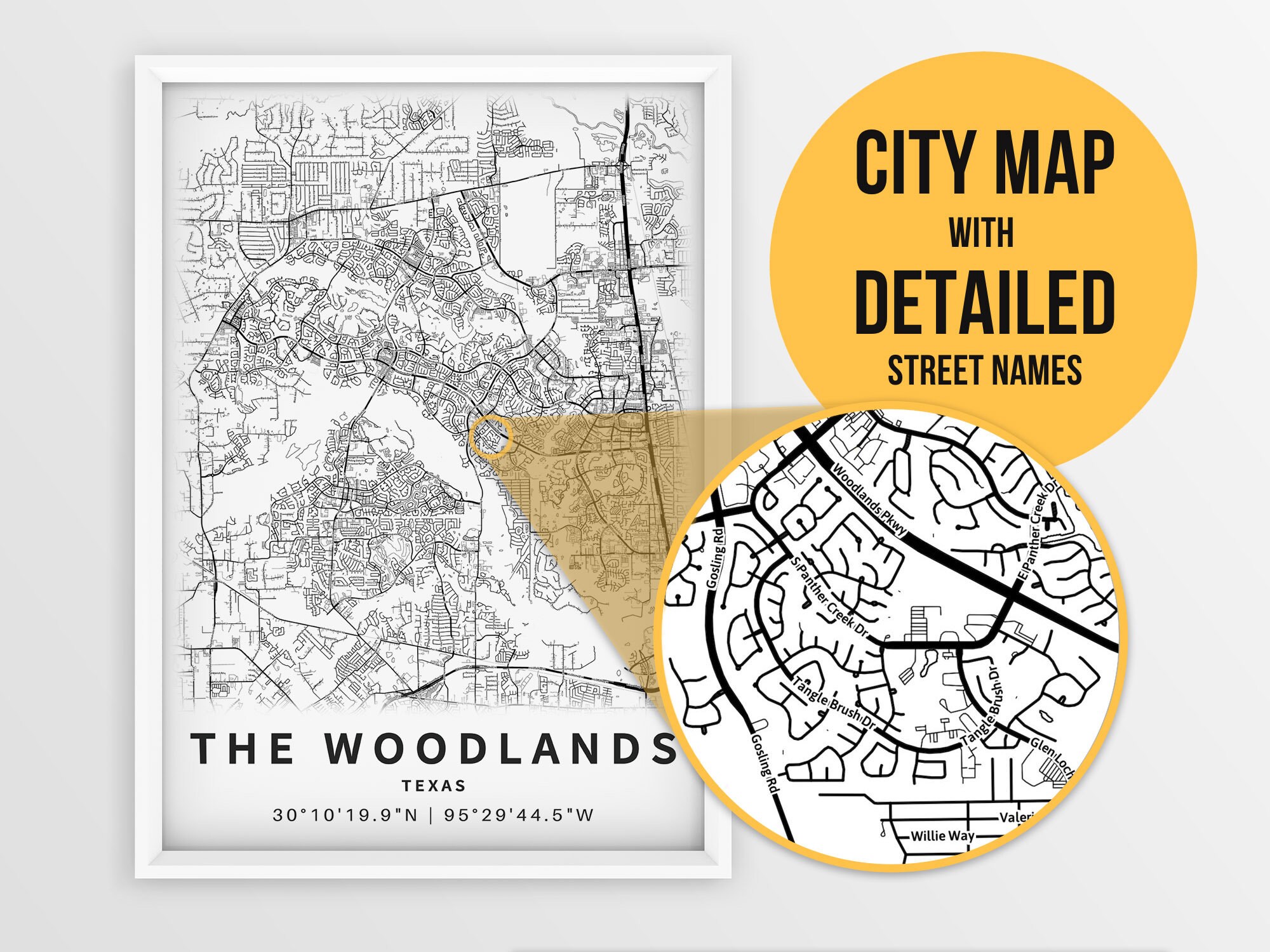 Printable Map of the Woodlands TX Texas United States With Etsy