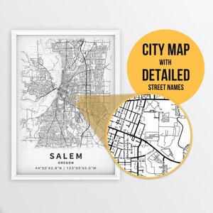 Printable Map Salem, Oregon, USA with Street Names - Instant Download \ City Map \ Travel Gift \ City Poster \ Road Map Print \ Street Map