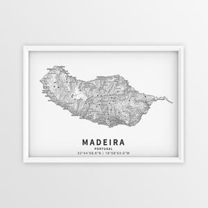 Afdrukbare topkaart Madeira Portugal, poster met stadsnamen Madeira, digitale download kunst aan de muur, kaart afdrukken Madeira, reiscadeau