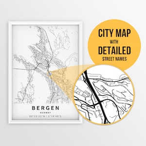 Bergen (Norwegen) Karte mit Strassennamen - direkter Download ~ Karte ~ Strassenkarte ~ Poster ~ Strassenkarte