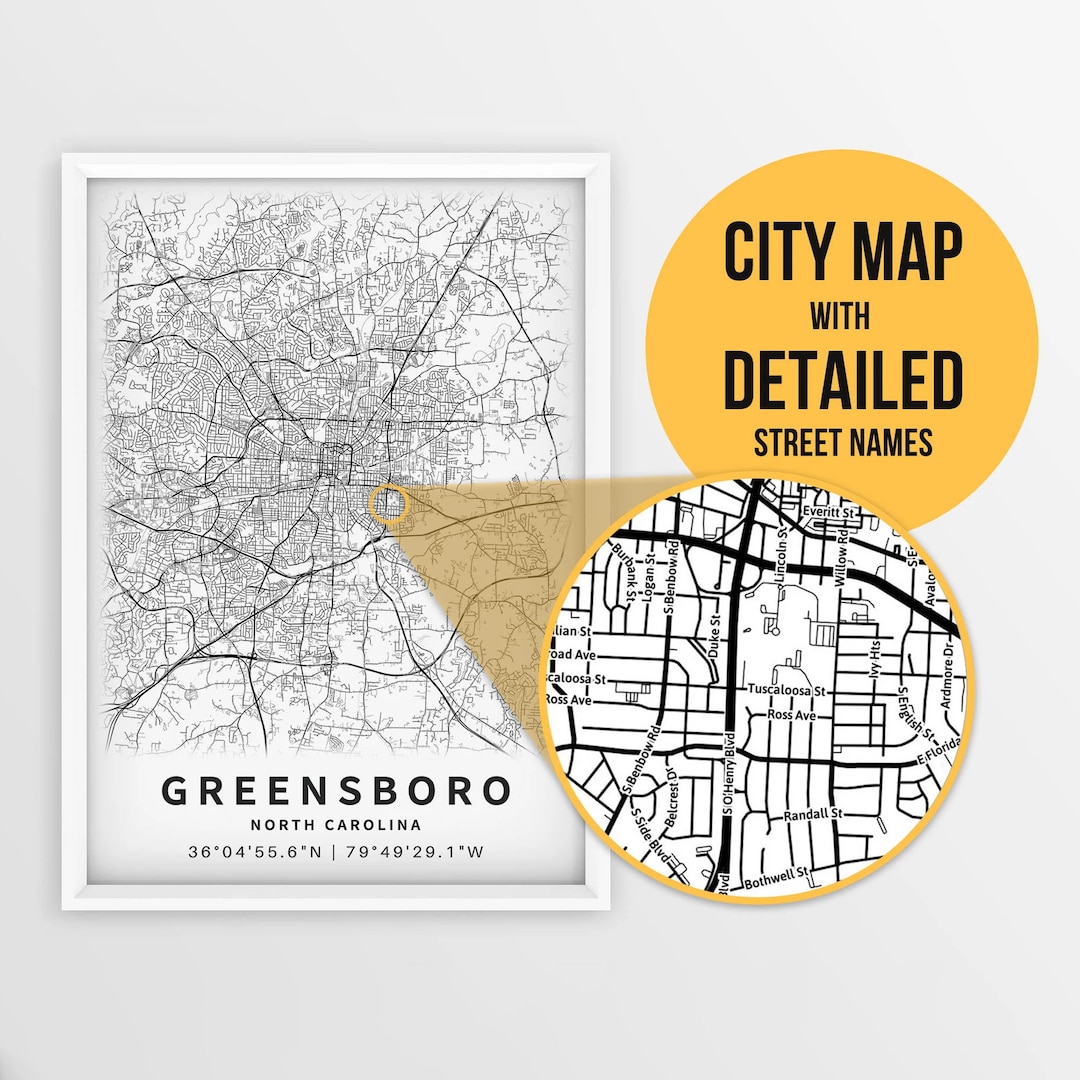 Printable Map of Greensboro, North Carolina, USA With Street Names