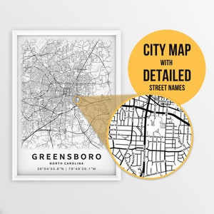 Druckbare Karte von Greensboro, North Carolina, USA mit Straßennamen - Sofort Download \ City Map \ Travel Gift \ City Poster \ Road Map