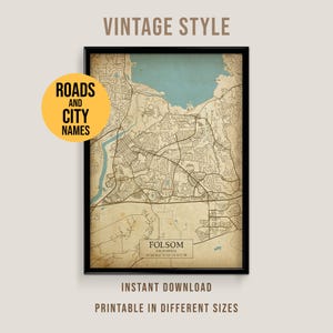 Folsom, California Vintage Style Map, Printable Folsom City Poster (Instant Download)
