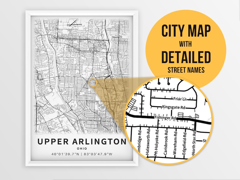 Printable Map Upper Arlington OH Ohio USA With Street Names Etsy