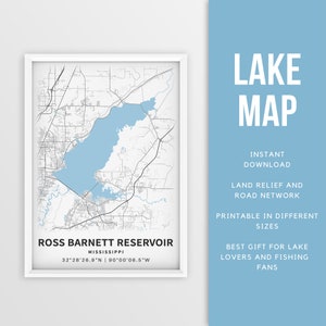 Mapa imprimible del embalse Ross Barnett, Mississippi, EE. UU. - Descarga instantánea \ Mapa del lago \ Cartel del mapa \ Decoración de la casa del lago \ Pesca \ Paseos en bote