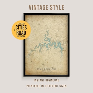 Table Rock Lake Vintage Style Map, Printable Missouri Lake House Poster (Instant Download)
