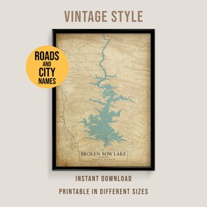 Broken Bow Lake Vintage Style Map, Printable Oklahoma Lake House Poster (Instant Download)
