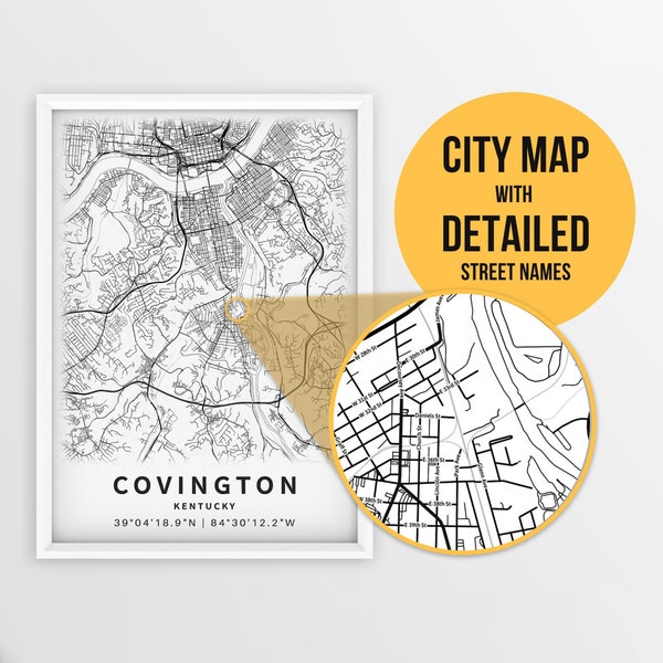 Printable Map of Covington, Kentucky, USA with Street Names - Instant Download \ City Map \ Travel Gift \ City Poster \ Road Map Print