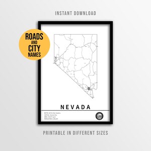 Póster del mapa del estado de Nevada, mapa de carreteras de EE. UU. imprimible con nombres de ciudades (descarga instantánea)