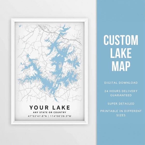 Custom Lake Map Print, Lake House Art - Digital Download \ Lake Poster \ Wall Art \ Printable Map \ Map Poster