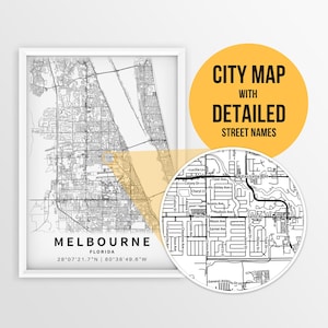 Afdrukbare kaart van Melbourne, Florida, VS met straatnamen - Instant Download \ Stadsplan \ Reiscadeau \ Stadsposter \ Wegenkaart afdrukken