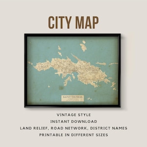 Mapa em estilo vintage para impressão de Saint Thomas, Ilhas Virgens dos EUA - Download instantâneo \ Mapa de ruas \ Cartaz de mapa \ Antiguidade \ Impressão de mapa \ Mapa USVI