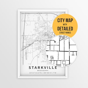 Starkville Mississippi Map with Street Names, Printable Starkville City Poster (Instant Download)