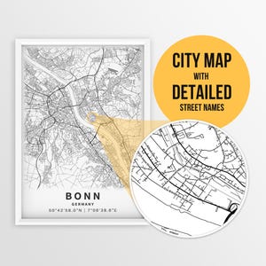 Printable Map of Bonn, Germany with Street Names - Instant Download \ City Map \ Travel Gift \ City Poster \ Road Map Print \ Bonn Art