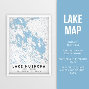 Mappa stampabile del lago Muskoka, Ontario, Canada - Download istantaneo \ Mappa del lago \ Poster della mappa \ Arredamento della casa sul lago \ Pesca \ Canottaggio