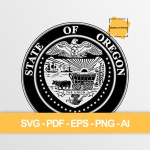 May include: A black and white circular graphic of the State of Oregon seal featuring an eagle, a covered wagon, oxen, a ship, and the text STATE OF OREGON and THE UNION. A small yellow square in the corner contains the text Stylish Art Prints.
