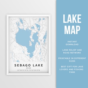 Mapa imprimible del lago Sebago, Maine, EE. UU. - Descarga instantánea \ Mapa del lago \ Cartel del mapa \ Decoración de la casa del lago \ LakeLife \ Pesca \ Paseos en bote