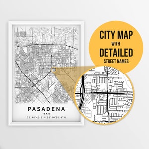 Carte imprimable de Pasadena, Texas, États-Unis avec noms de rues - Téléchargement instantané \ Plan de la ville \ Cadeau de voyage \ Affiche de la ville \ Impression de carte routière \ Map Art