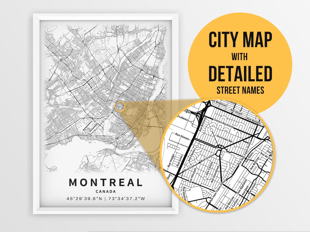 Printable Map of Montreal Quebec Canada With Street Names Etsy