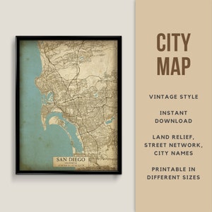 Vintage Style Map of San Diego, California, USA - Instant Download \ Street Map \ Wall Art \ Map Poster \ Antique Style \ Map Print