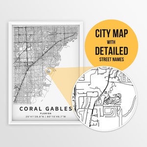 Afdrukbare kaart van Coral Gables, Florida, VS met straatnamen - Instant Download \ Stadsplattegrond \ Reiscadeau \ Stadsposter \ Routekaart afdrukken