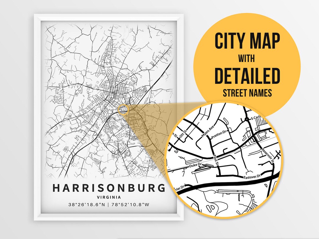 Printable Map of Harrisonburg VA Virginia United States With Etsy